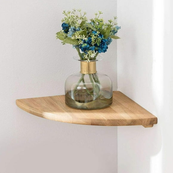 Corner Shelf, 7 Inch Solid Oak Floating Corner Shelf Wall Mounted Round End Floating Speaker Stand with Wire Hole for Small Plant Photo Frame for Bedroom, Kitchen, Living Room