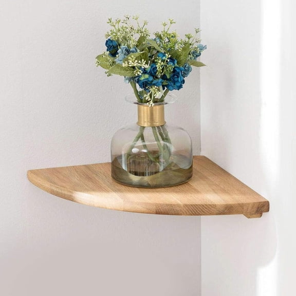 Fzchyzoar Corner Shelf, 7inch Solid Oak Wood Floating Corner Shelf Wall Mount Round End Floating Speaker Shelves with Wire Hole for Small Plant Photo Frame for Bedroom Kitchen, Living Room Oak