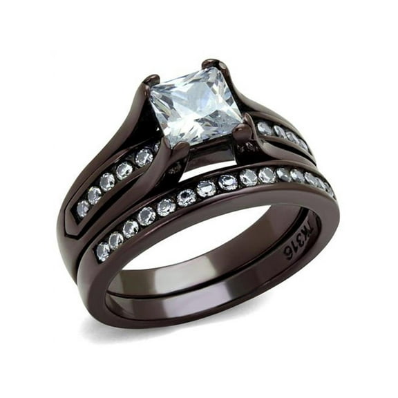 2.10 Ct Princess Cut Zirconia Brown Stainless Steel Wedding Ring Set Womens 5-10 Size 7