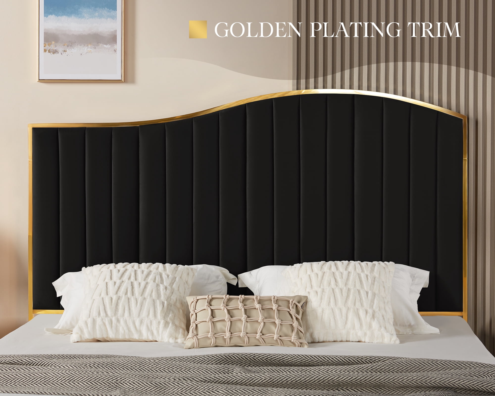 VanAcc Queen Size Platform Bed Frame 61.4" Vertical Channel Gold Trim Headboard Footboard Black