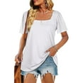 thumbnail image 3 of Women's Summer Square Neck Tops Solid Color Striped Print Short Sleeve T-Shirt Short Sleeve Puffy Loose Blouses Clothing, 3 of 5