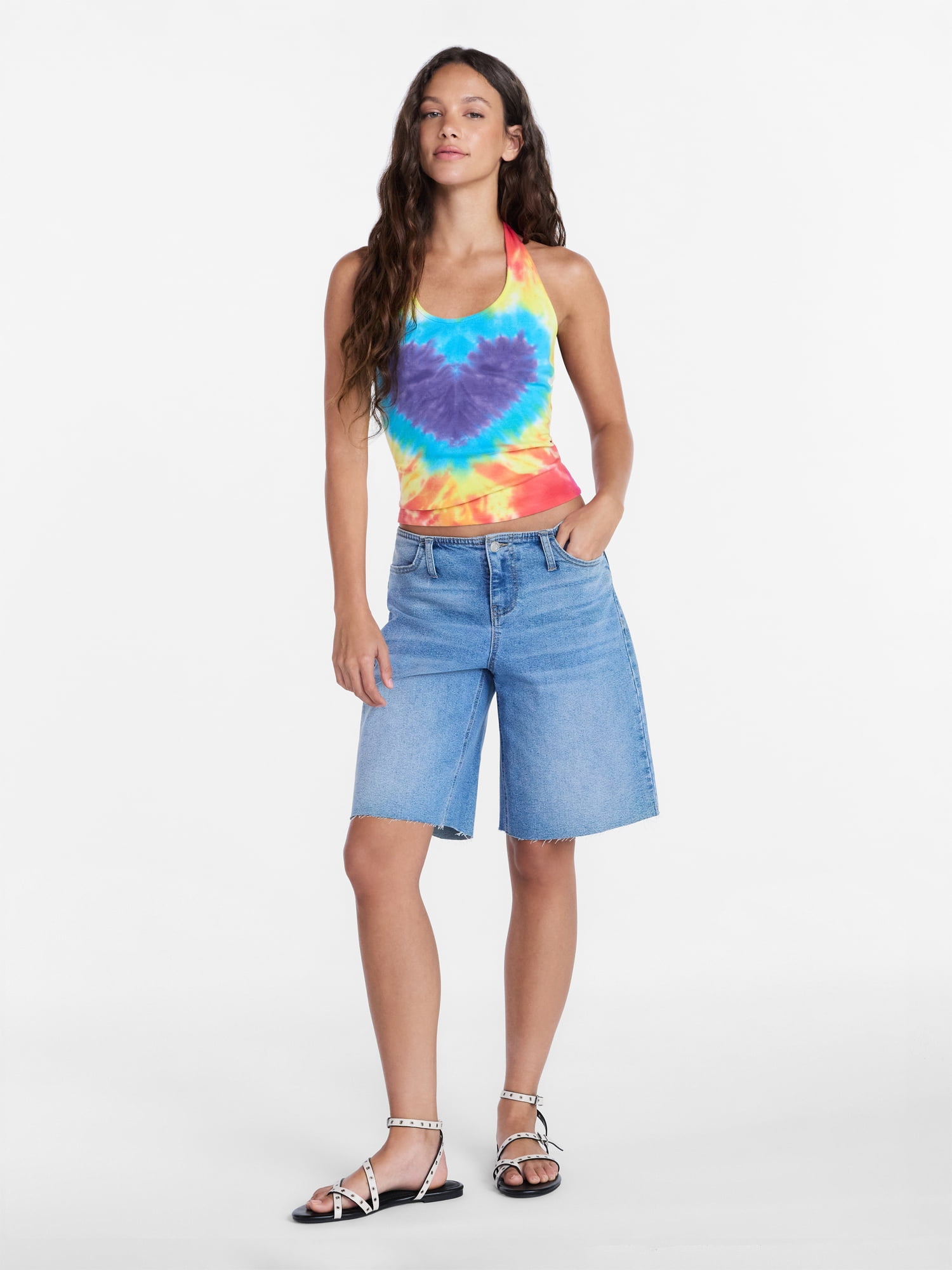 No Boundaries Pride Heart Tie Dye Halter Cotton Tank Top, Women's XXS-XXL
