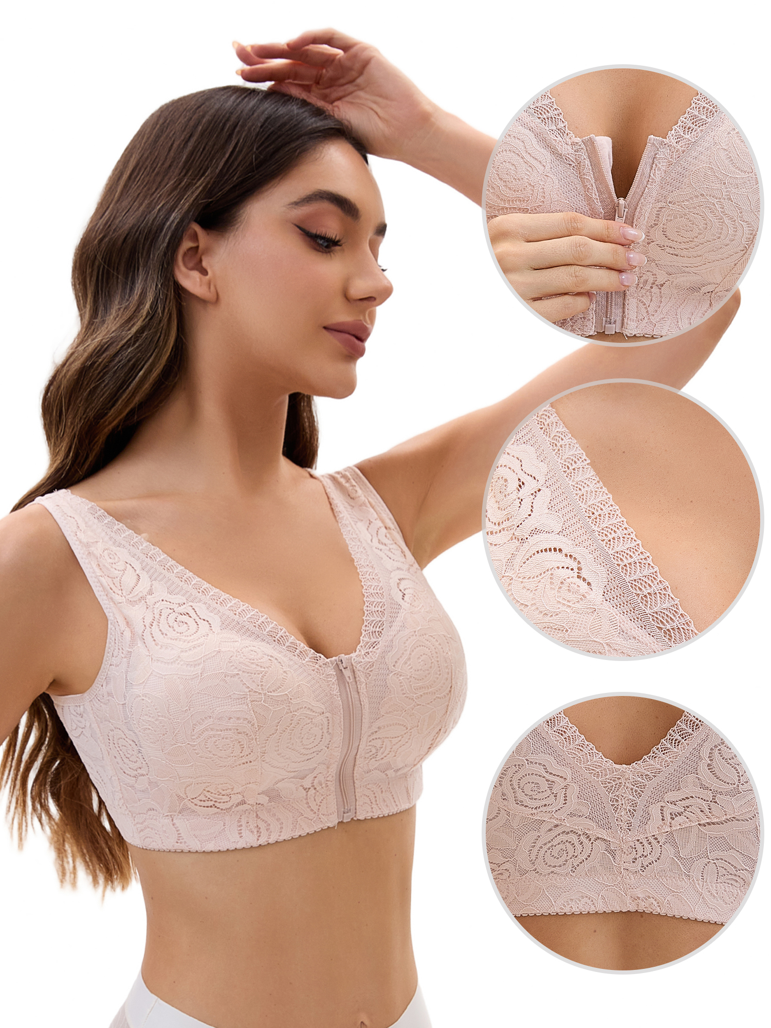 Unique Bargains Women's Lace Zip Front Closure Wirefree Wide Straps Bras D 46 Pink