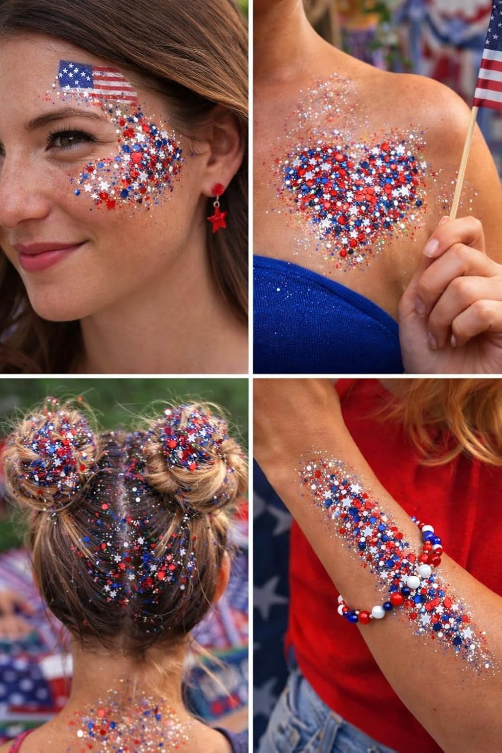 PiGOGI Red White and Blue Face Hair Glitter Stick,Patriotic USA Flag Star Face Glitter for Independence Day Memorial Day,4th of July Outfits for Women Kids,Fourth of July Accessories,0.56oz