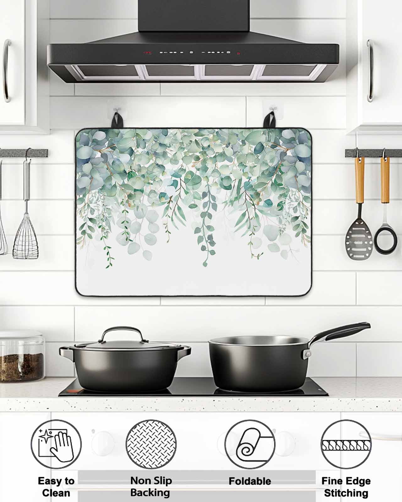 Stove Top Covers for Electric Stove, Teal Eucalyptus Leaves Glass Stovetop Cover Protector, Spring Floral Summer Botanical Induction Cooktop Protector Oven Mat for Kitchen Countertop 36"x21"