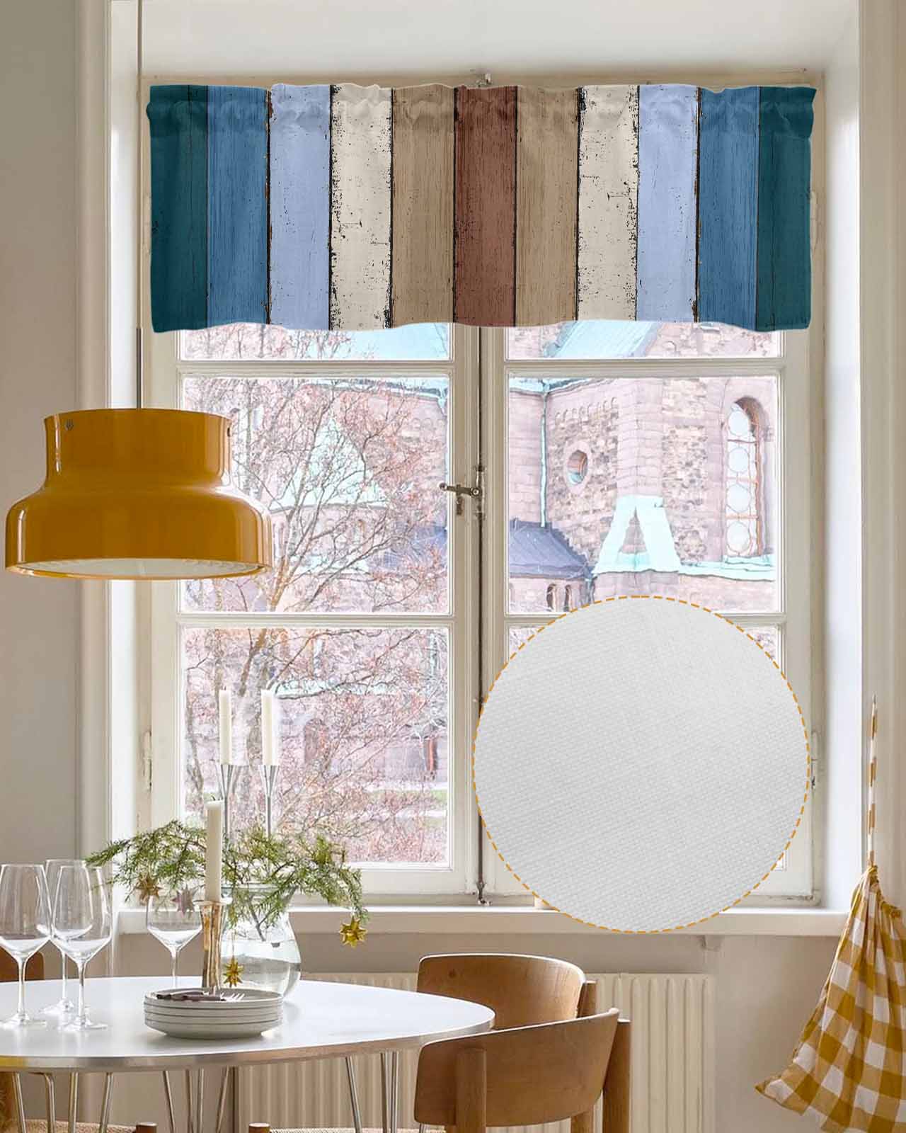 Blue Brown Kitchen Valances for Windows Farmhouse Linen Window Valance Curtain for Living Room Window Treatment Farmhouse Wood Grain Vintage Vertical Striped Valance Rod Pocket Topper, 42 x 12 Inch