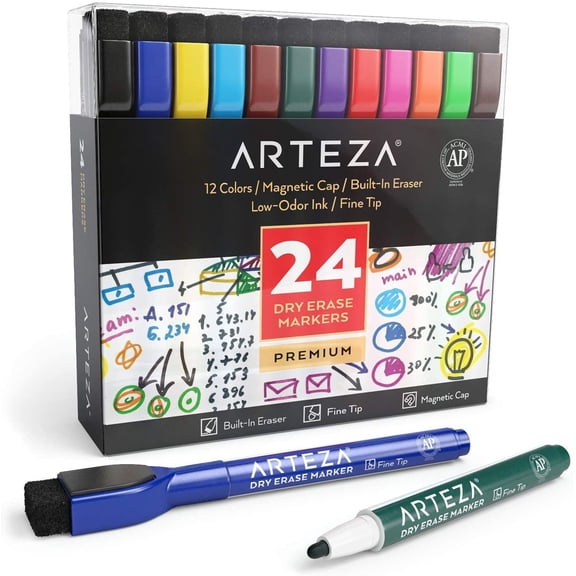 Arteza Dry Erase Markers, Magnetic Eraser Caps for School - 24 Pack