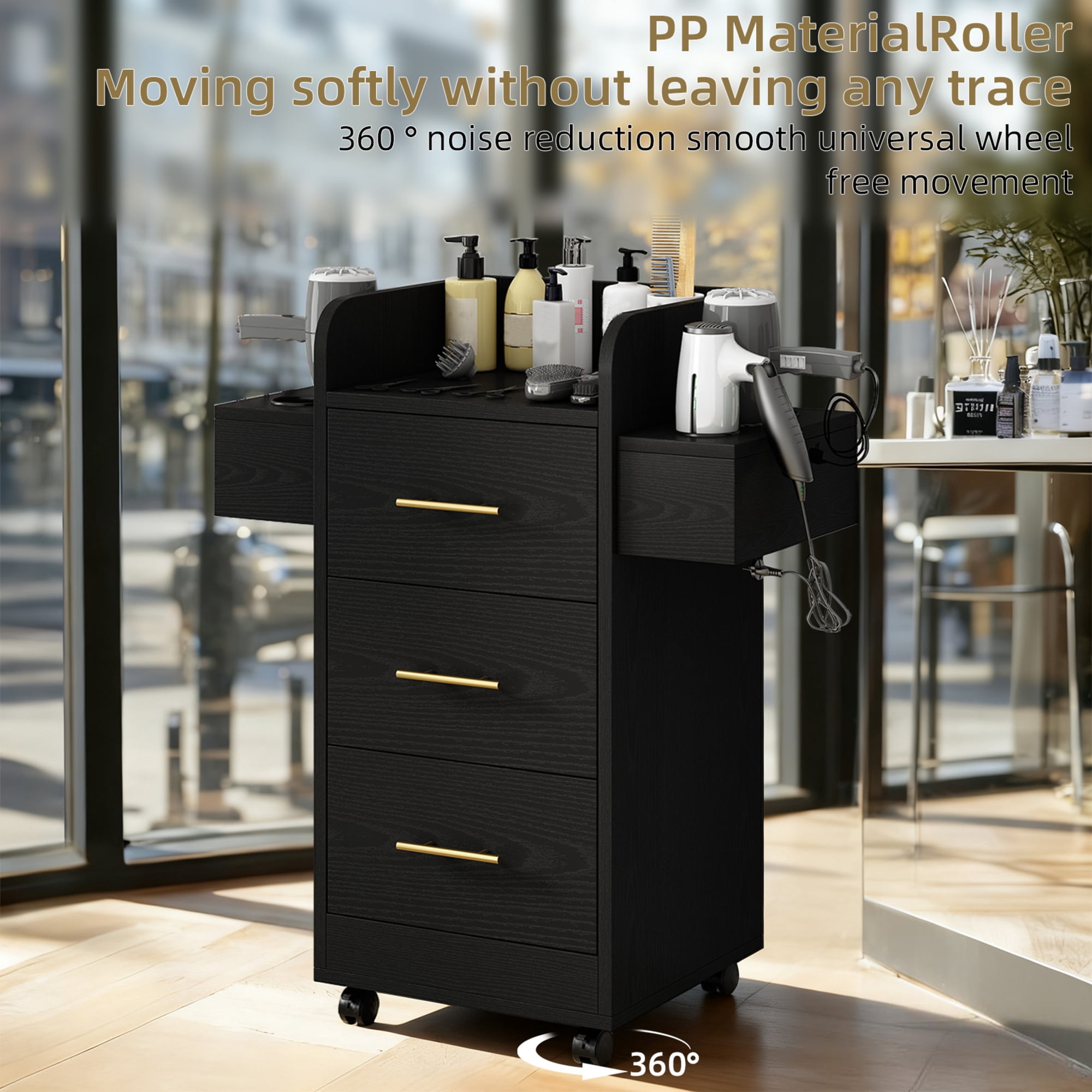 4 EVER WINNER Black & Gold Barber Cabinet with Gold Handles, Rolling Salon Storage Cart for Hair Stylists, 3 Drawers & 6 Hair Dryer Holders, Durable Engineered Wood Mobile Station for Salon Spa Home