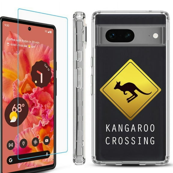 OneToughShield ® Compatible with Google Pixel 8, Shockproof Phone Case, with Tempered Glass Screen Protector - Road Sign Kangaroo