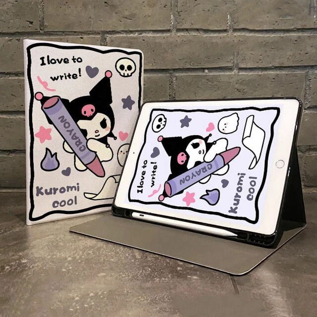 Kawaii Sanrio HelloKitty Kuromi Ipad Protective Case Cartoon with Pen Slot Book Style All Inclusive Anti Fall Protective Case