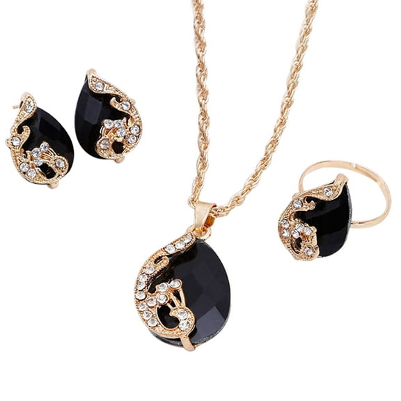 UDIYO Women Jewelry Set Shiny Water-Drop Shape Rhinestone Necklace Earrings Ring Gift