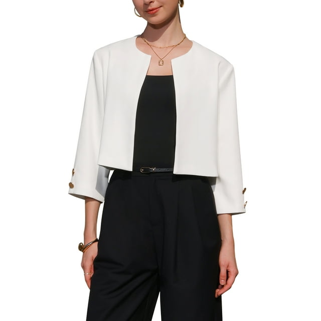 BLAZER BOLERO CORTO ABIERTO DE MANGA 3/4 SIN COLLAR PARA MUJERES INSPIRAR CHIC TALLA XL BLANCO