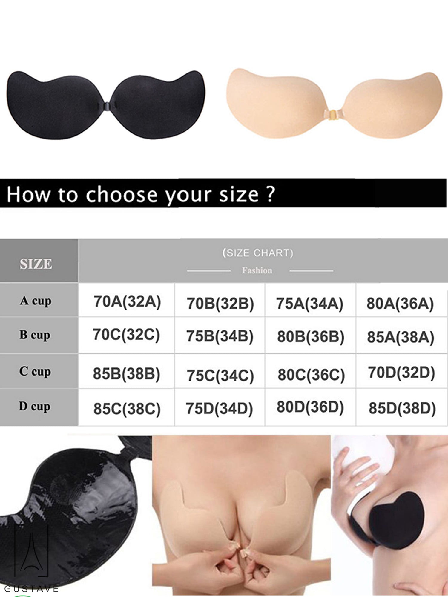 GustaveDesign Women Push Up Strapless Invisible Bra Backless Adhesive Sexy  Seamless Bra Breast Life Nipple Cover B Cup,Black 