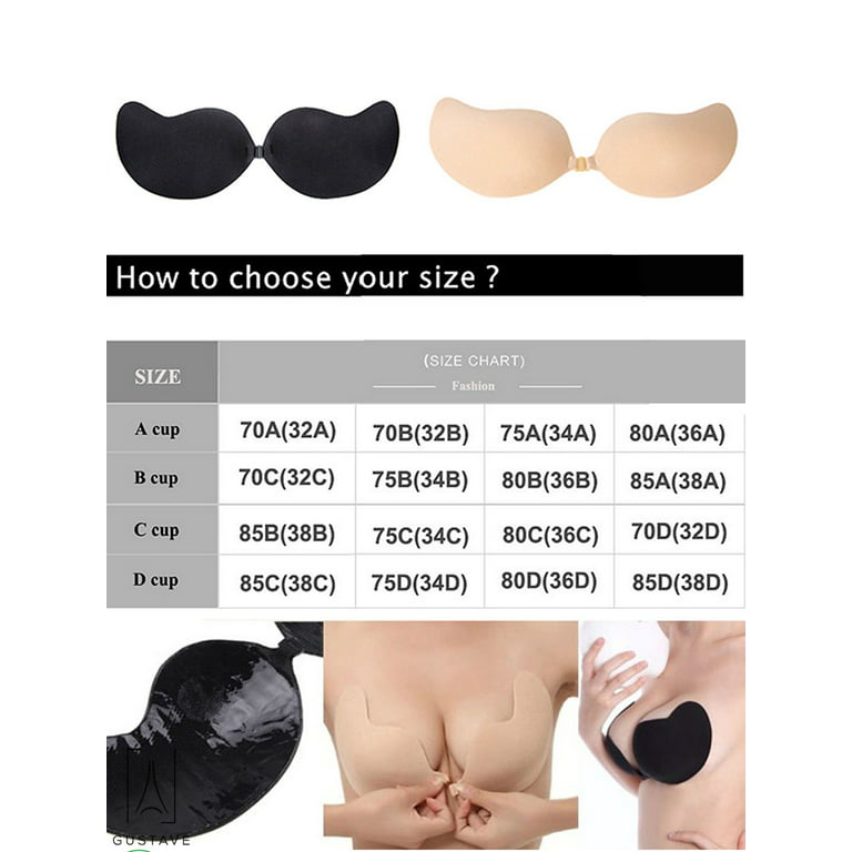 GustaveDesign 2 Pack Women Push Up Strapless Invisible Bra Backless  Adhesive Sexy Seamless Bra Breast Life Nipple Cover D Cup,Black + Skin 