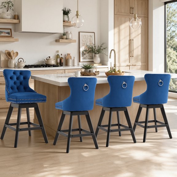Swivel Bar Stools Set of 4, 26" Counter Height Bar Stools with Back, Farmhouse Velvet Barstools for 34–38" Kitchen Island, Blue (Set of 4)