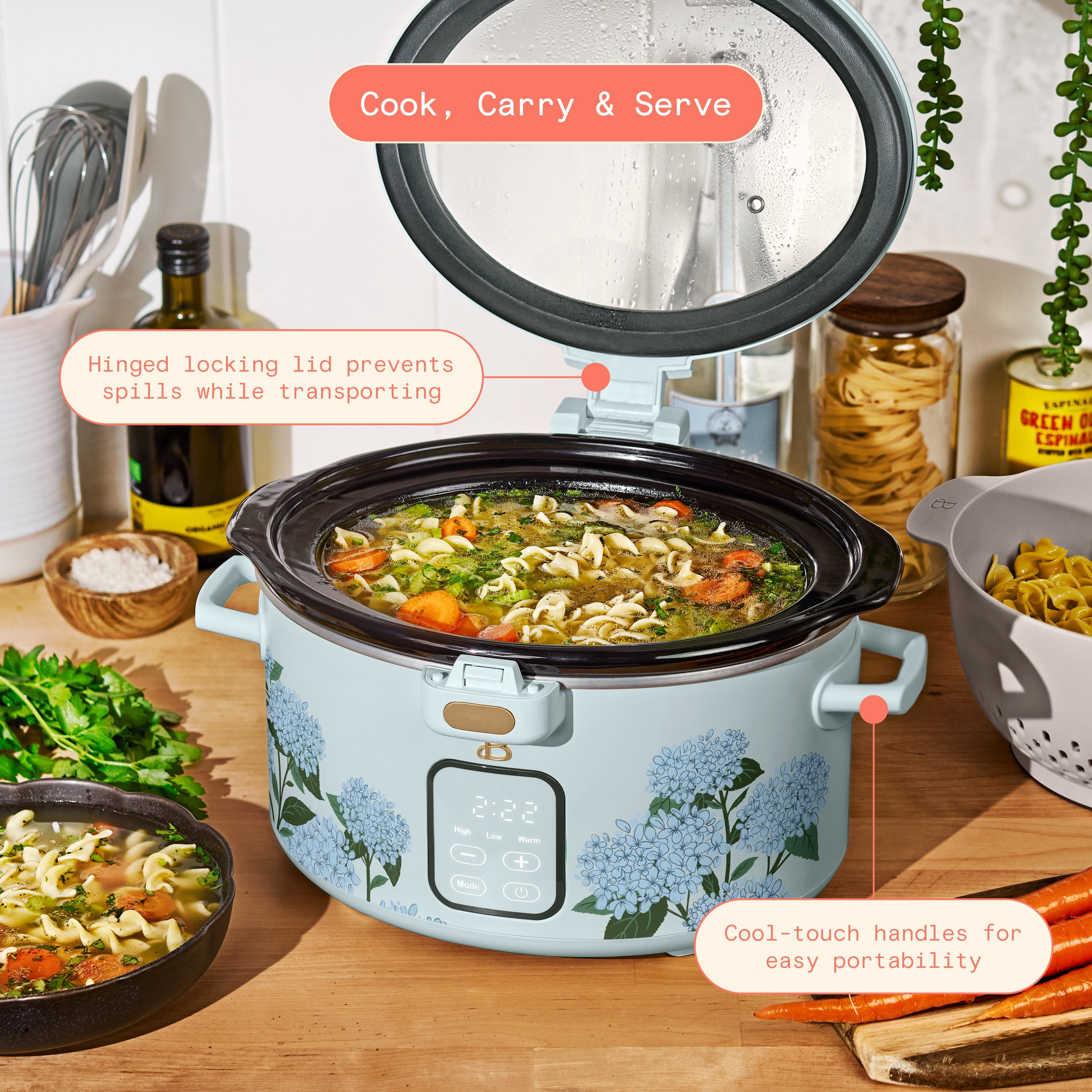 Beautiful 4 Qt Digital Slow Cooker with Hinged Locking Lid, Hydrangea Floral by Drew Barrymore