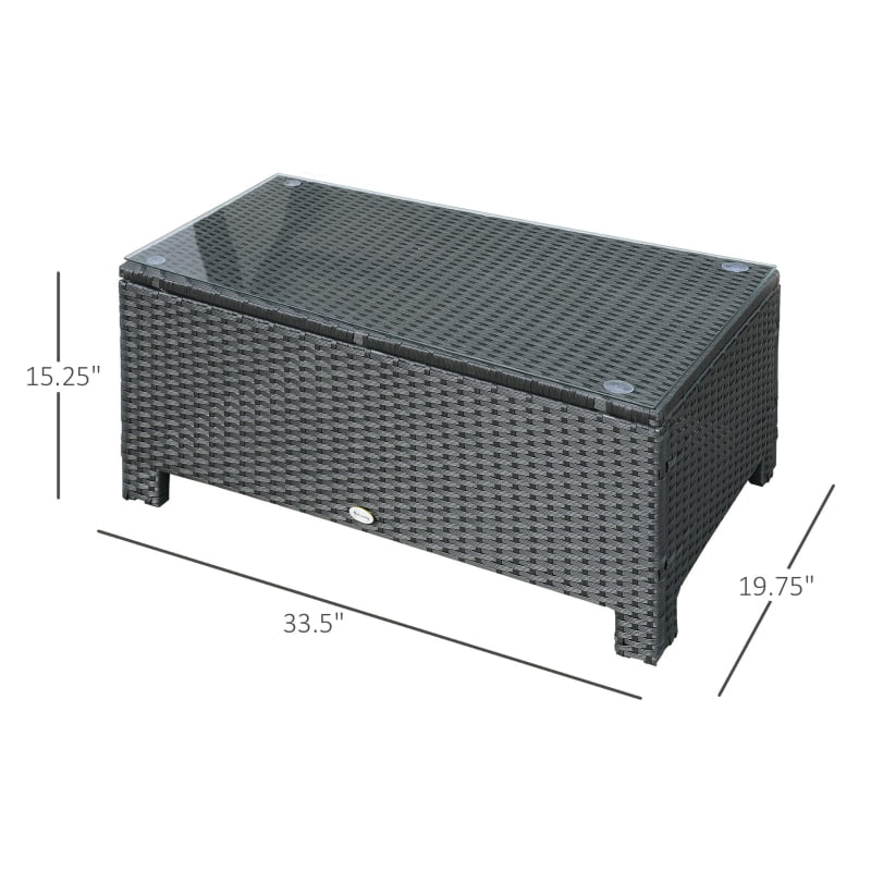 HOQBN PE Rattan Coffee Table, Rectangular Outdoor Coffee Table with Tempered Glass Top, 70 KG Capacity for Garden, Balcony, Terrace, Patio, Black