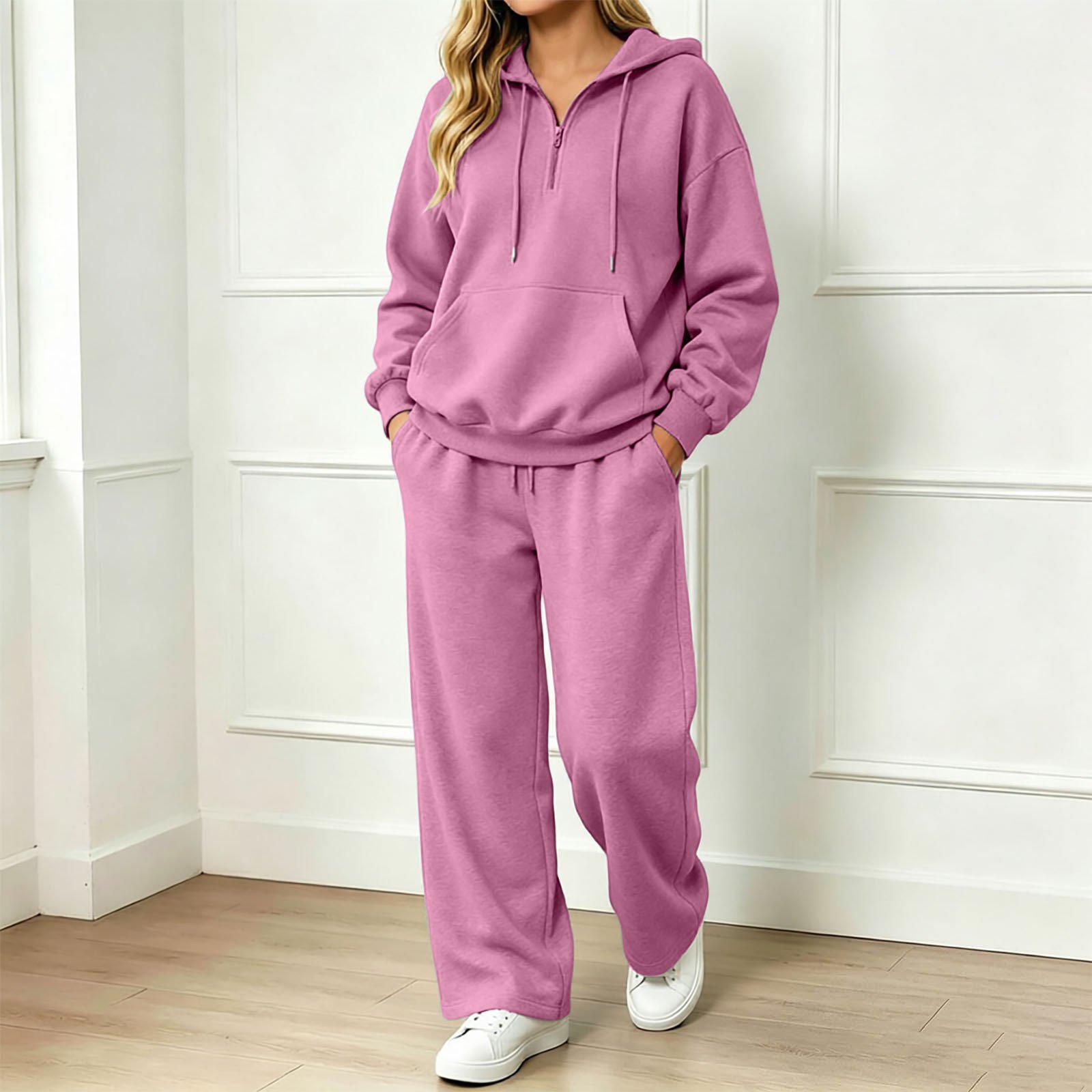 Huowey Sweatsuits For Women Fall Loungewear Outfits Half Zip Hoodie And Joggers Pants 2 Piece Long Sleeve Trendy Travel Clothes Pink XL