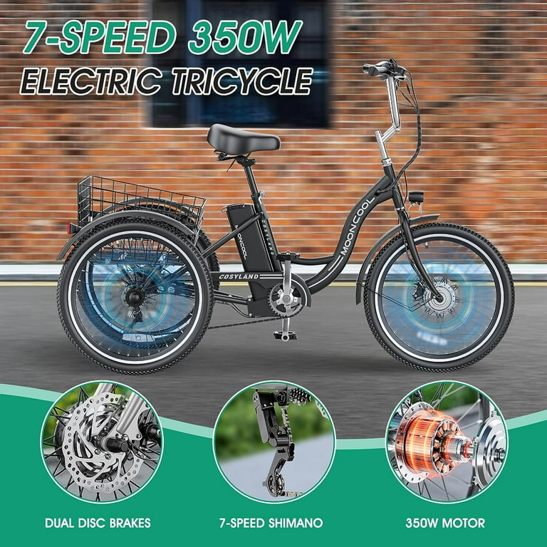 MOONCOOL Electric Tricycle 350W 36V 26 Inches 7 Speeds 3 Wheels Electric Bikes for Adults Motorized Electric Trike Three Wheel Electric Bicycle