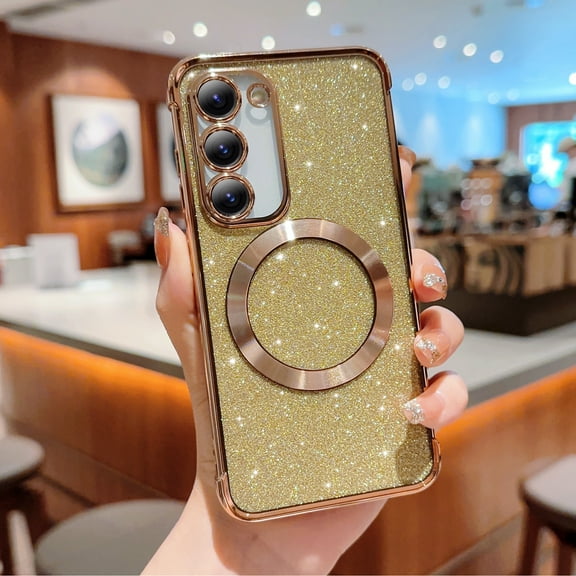 Magnetic Case for Samsung Galaxy S23 FE, [Compatible with MagSafe] Non-Yellowing Glitter Shining Paper Clear Case for Women Girls, Rugged Shockproof Protection Phone Cover, Gold