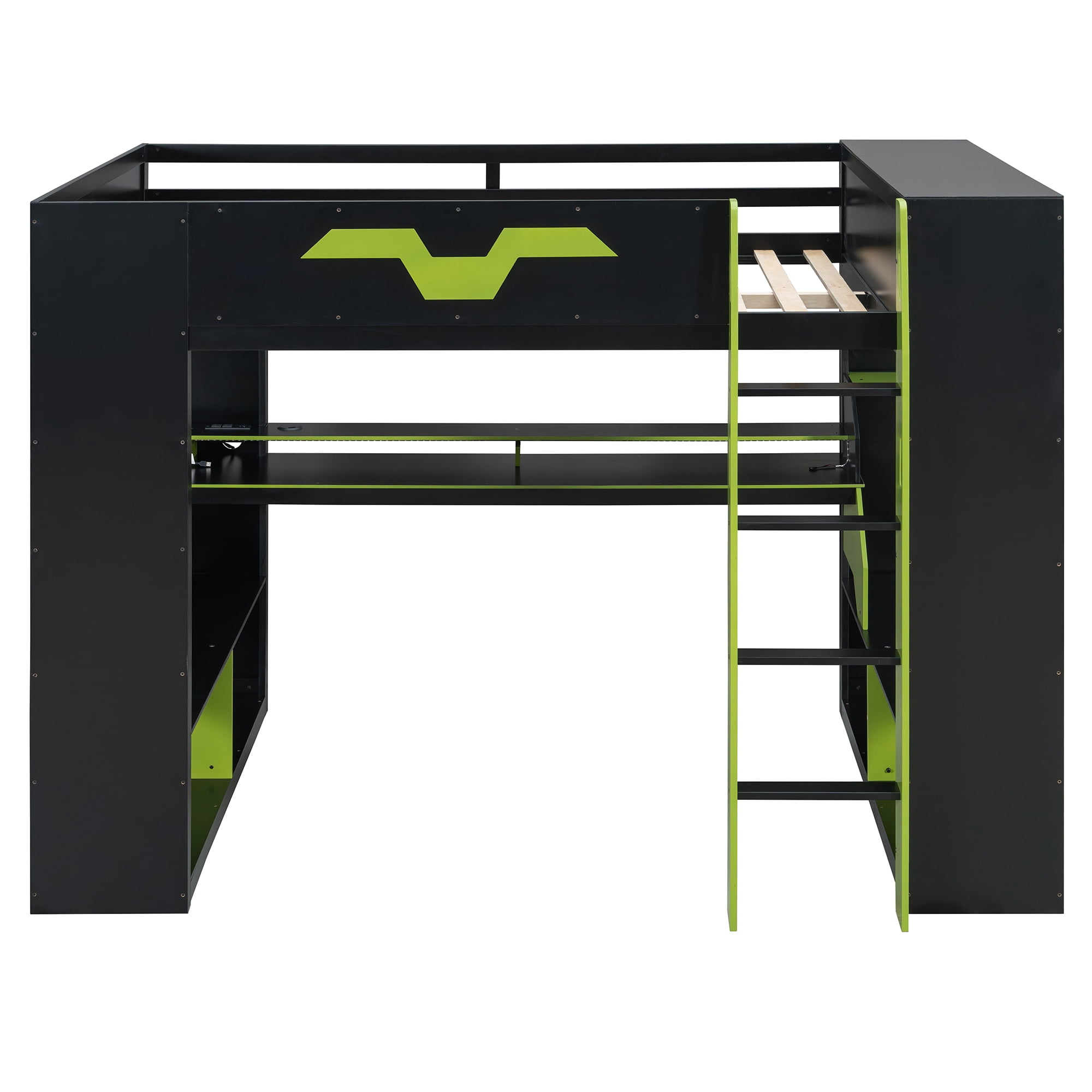 Mintazer Full Size Gaming Loft Bed with RGB LED Lights, Power Outlets and Dual Side Storage Shelves, Black & Green
