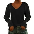 thumbnail image 2 of Women'S V-Neck Blouses 2024 Fashion Casual Solid Color Long Sleeves Loose Fit Basic T Shirt Pullover Tops Black XXL, 2 of 6