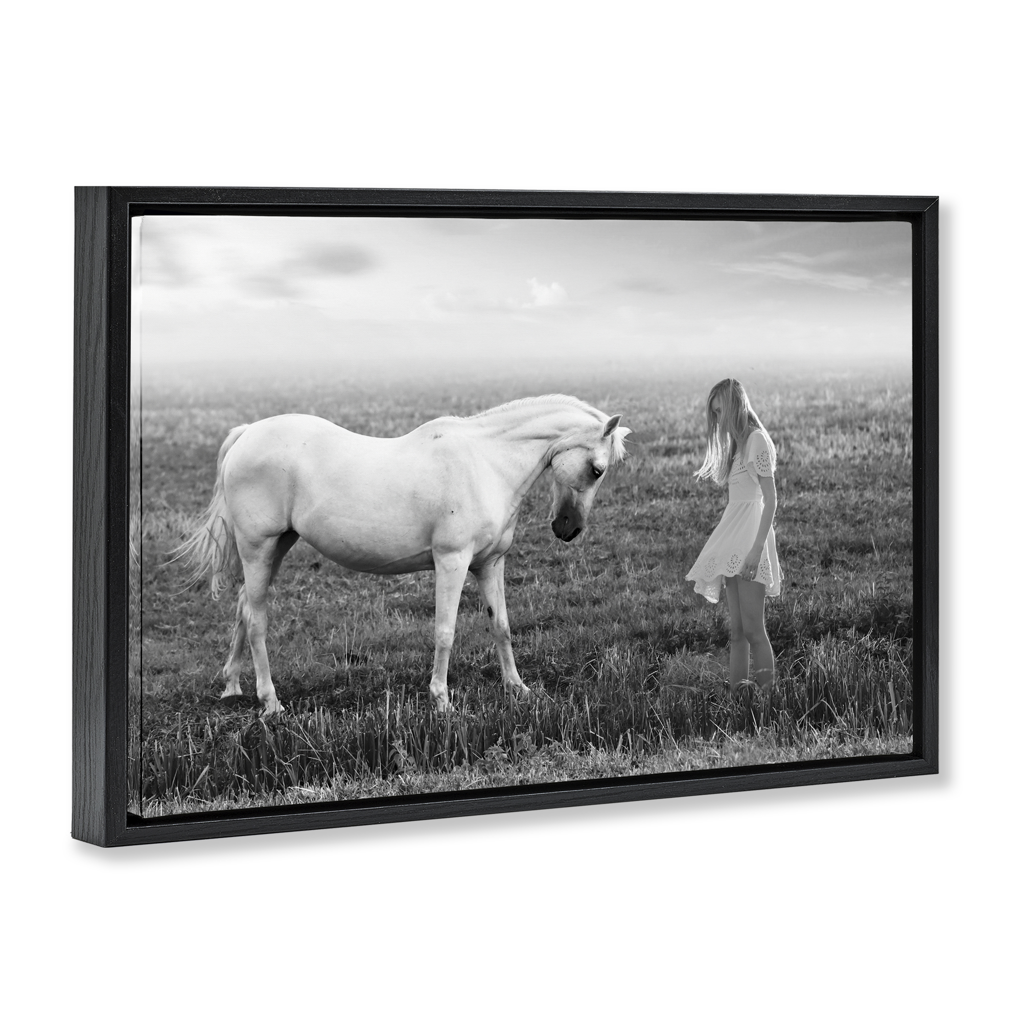 Her White Horse Black Framed Floater Canvas Wall Art, design by Ata Alishahi