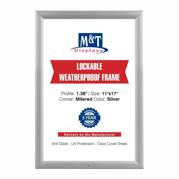 M&T Displays Lockable Weatherproof Snap Poster Frame 11x17 Inch Silver 1.38" Aluminum Profile Front Loading Wall Mounting Picture Photo Document Certificate Sign Holder Mitered Corner Anti Glare Cover