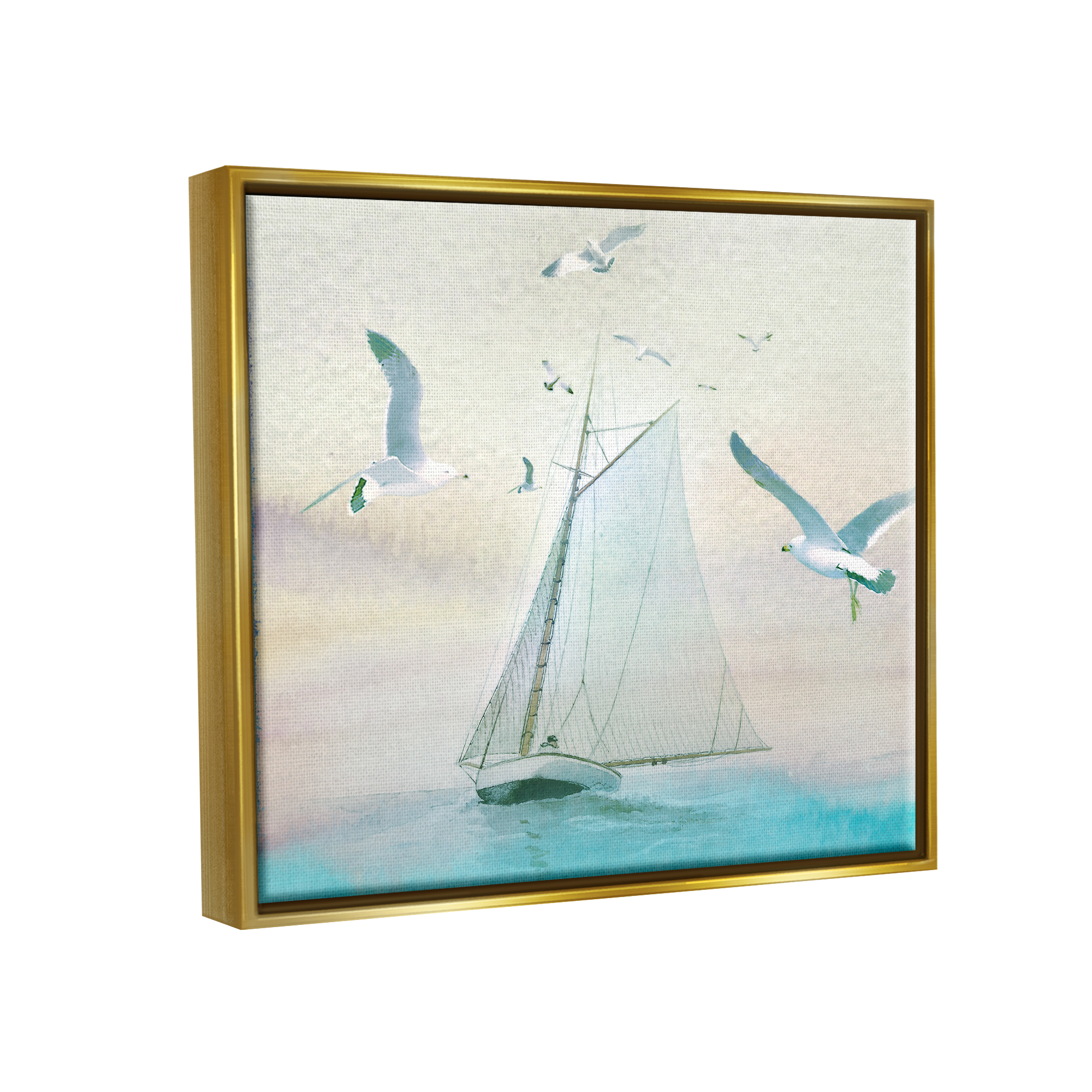 Stupell Seagulls Flying Ocean Sailboat Landscape Painting Gold Floater Framed Art Print Wall Art