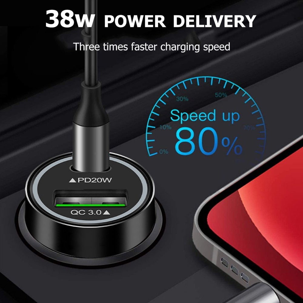 MesaSe USB Car Charger 38W Car Charger PD 3.0 and QC 3.0 Fast Charging Output Dual Port Car Charger Adapter with LED Ambient Light Cigarette Lighter Adapter for Most Car & Smartphone