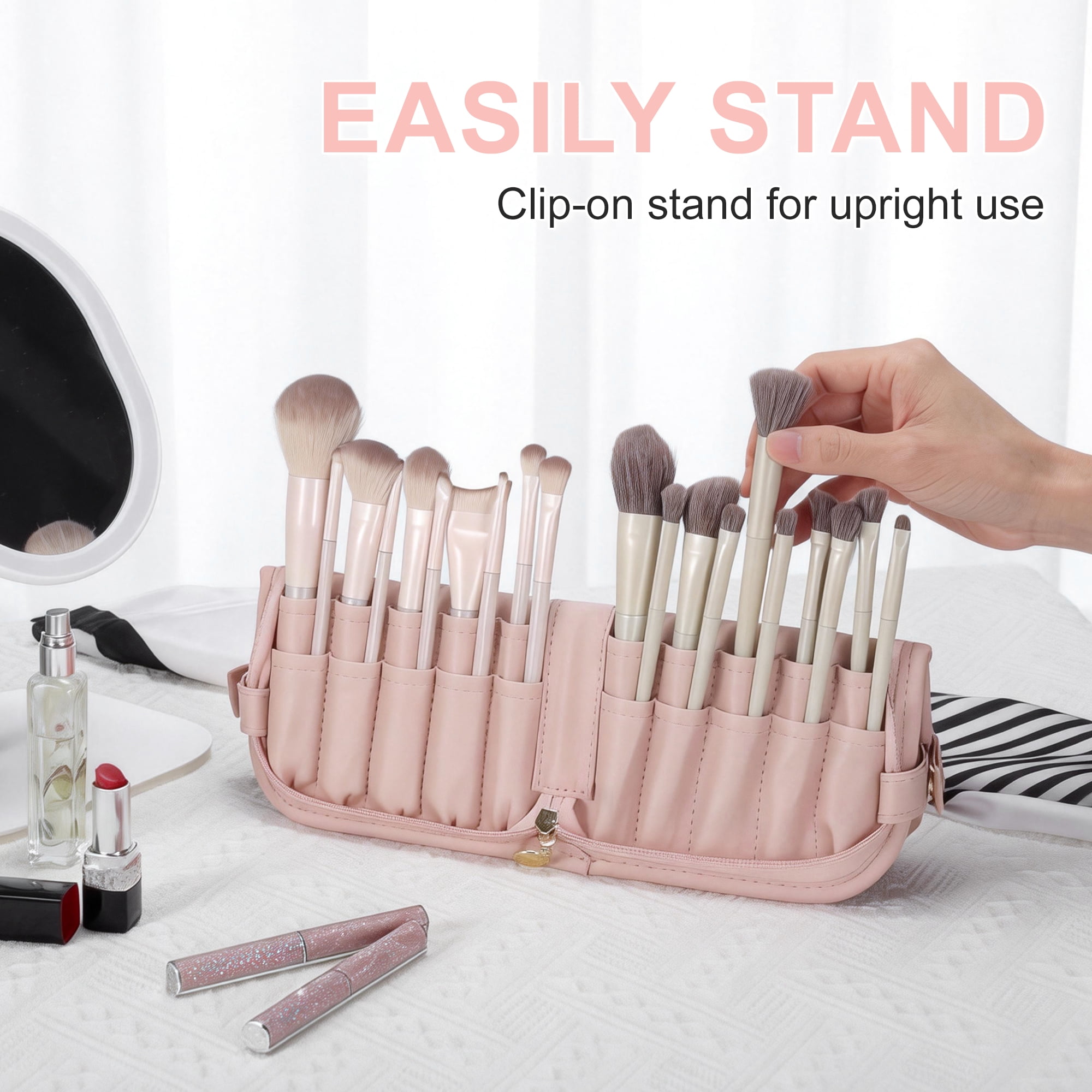 Unique Bargains Waterproof Stand-Up Makeup Brush Organizer Pink