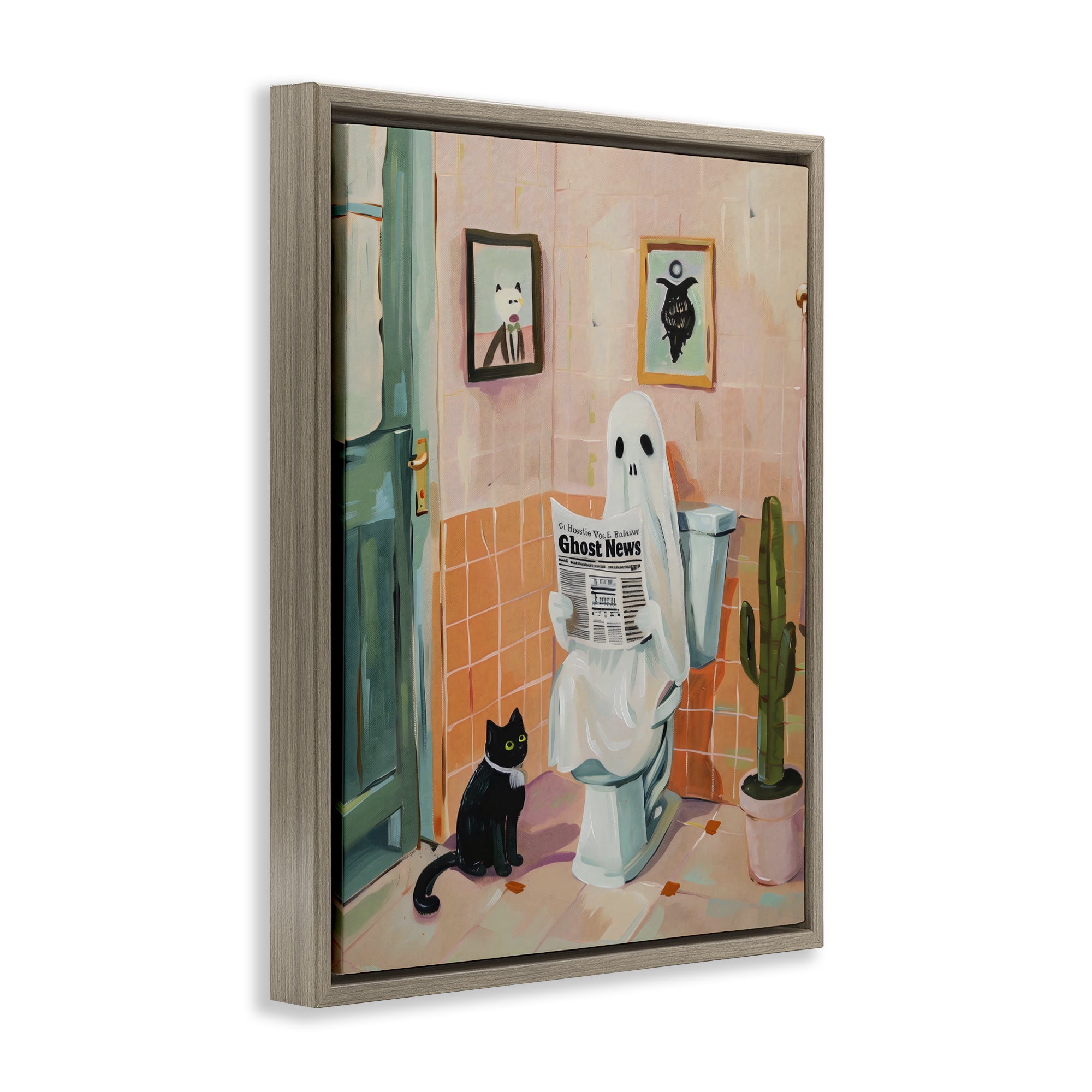 Stupell Industries Ghost Reading Newspaper Brown Framed Floater Canvas Wall Art, design by The Prints Vibe