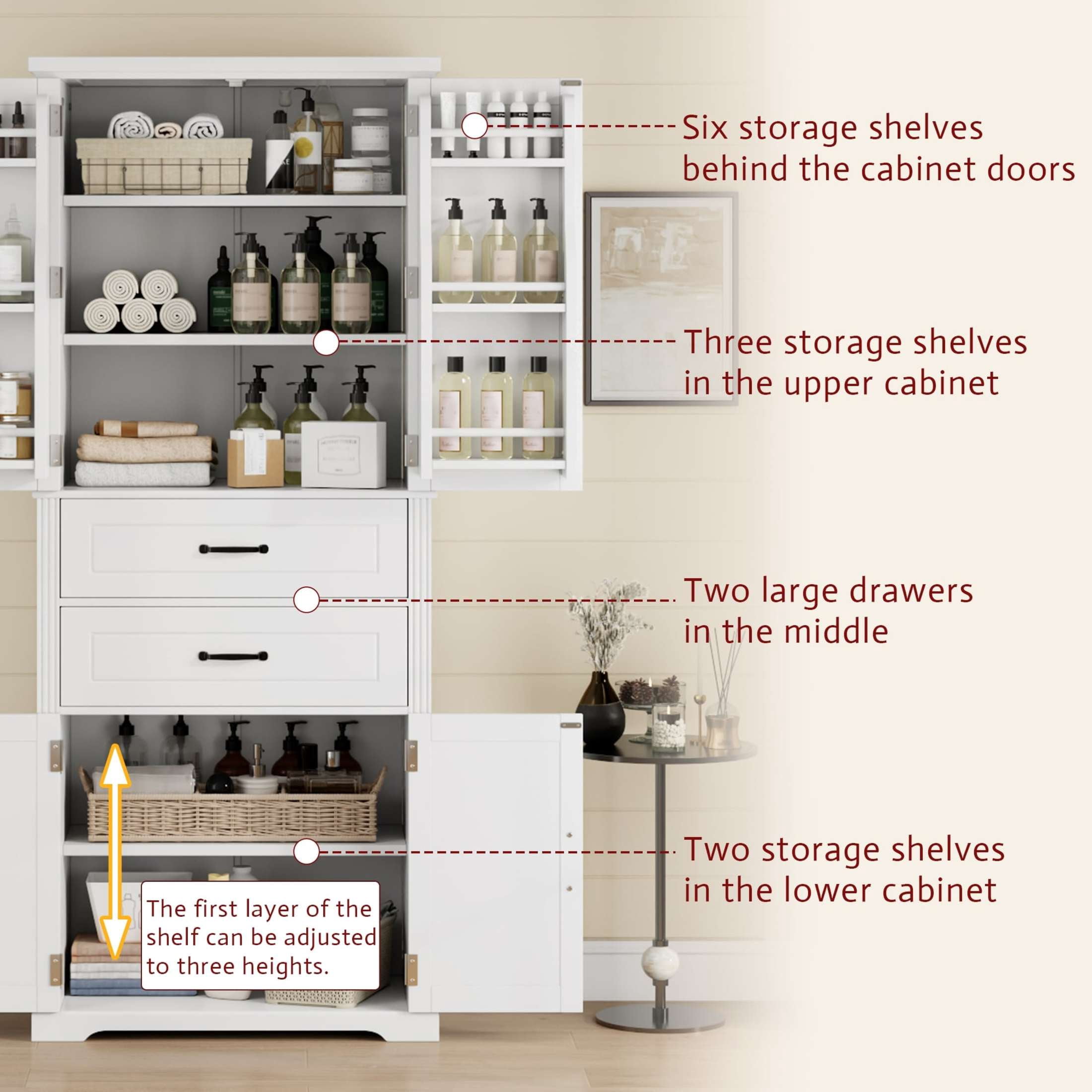 Christopher Knight Home 72.5" H Storage Cabinet with 2 Drawers, 5 Layers Cabinet with Adjustable Shelves, White