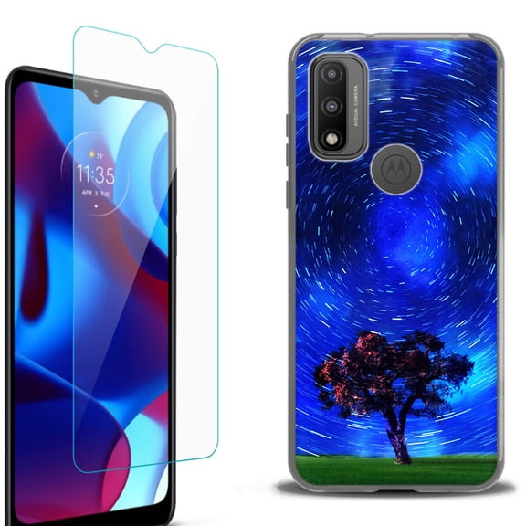 Slim-Fit Protective Phone Case (Black) compatible with Motorola Moto G Pure 5G, with Tempered Glass Screen Protector, by OneToughShield ® - Star Trails Tree