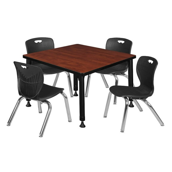 Regency 30 Square Adjustable Classroom Table- Cherry & 4 Andy 12 Stack Chairs- Black