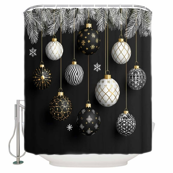 Winter Shower Curtain, 48" x 72", Christmas Ball Pine Needles Black White Waterproof Bathroom Curtain Washable Shower Curtain Set with 12 Hooks