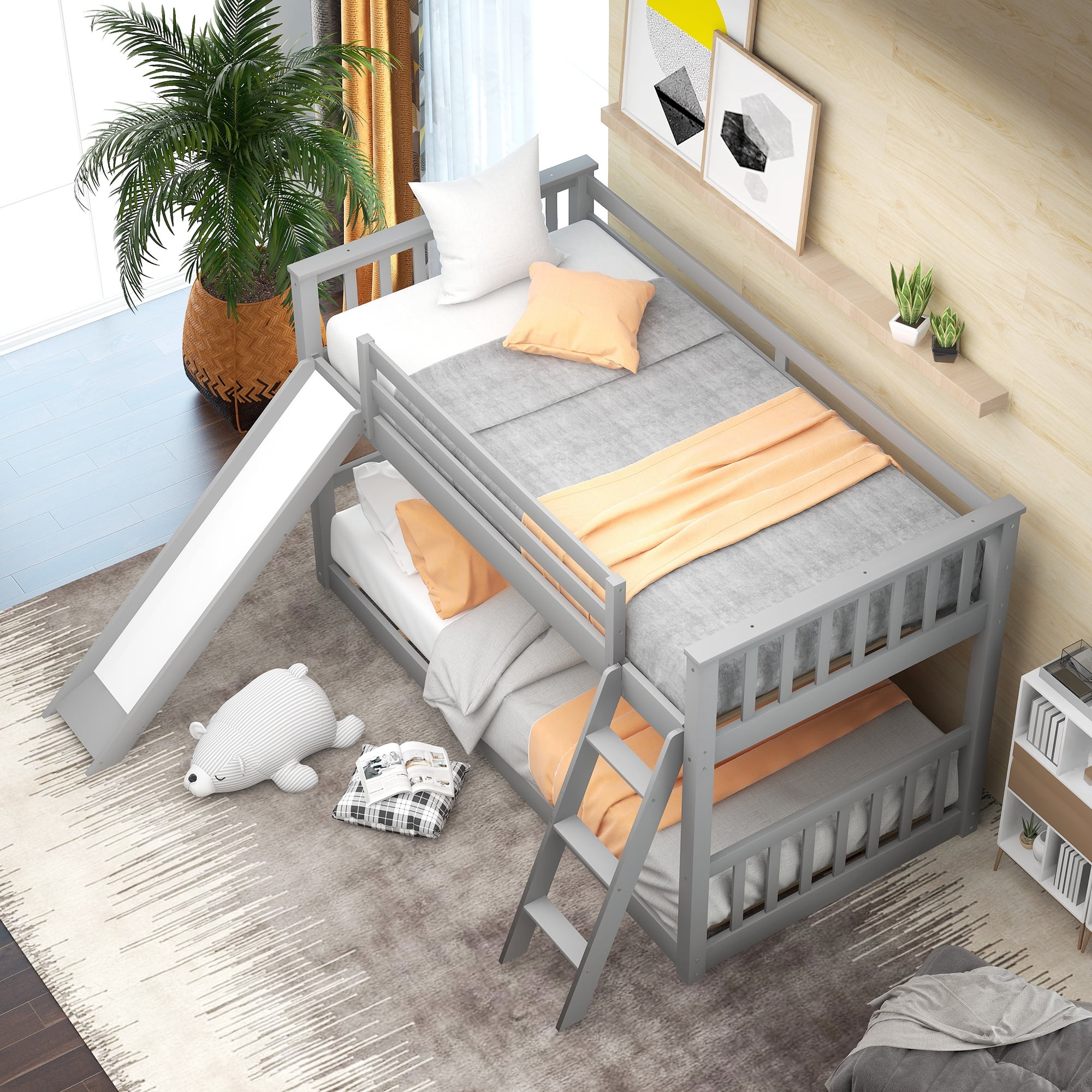 Euroco Twin over Twin Floor Bunk Bed with Slide and Ladder, Interchangeable Ladder and Slide for Kids Teens Adults, Gray