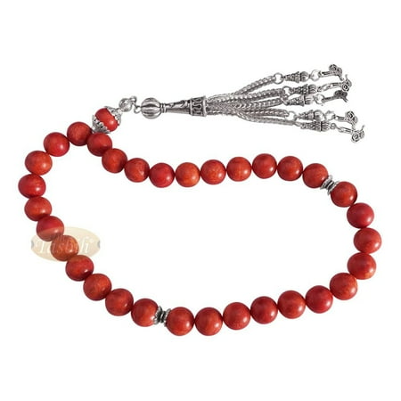 10-mm Red Sea Coral 33-Bead Prayer Beads with Ornamental Turkish Tughra 5-chain Tassel Charms