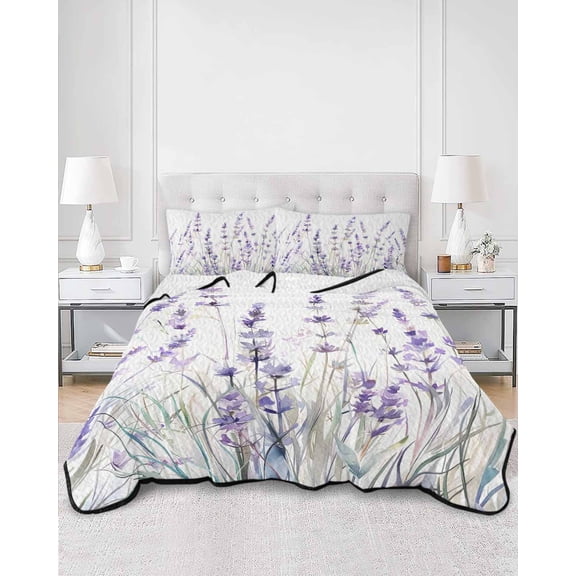 Quilts Full Size, Lavender Floral Soft Comforter Bedding Set for Bed, Spring Flowers Botanical Plants Lightweight Quilted Bedspread with Pillow Cover(2 Pieces) for All Season, 78x90 Inch