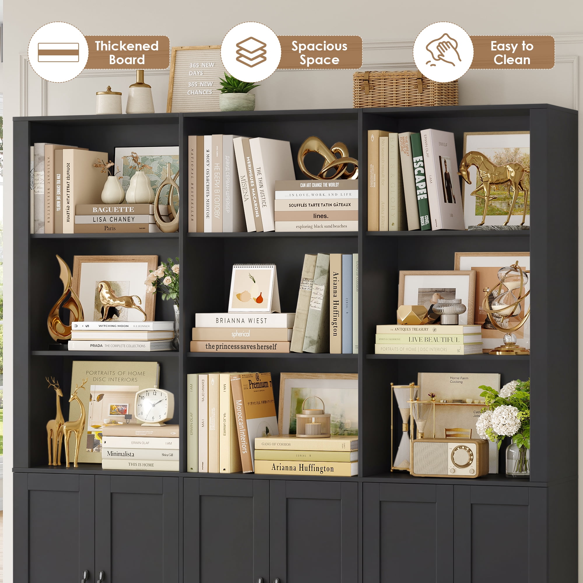 Homfa 70″ Tall Bookshelf and Bookcase with Cabinets, 63'' Wide Triple Row Display Shelves, 15 Cubes 5-Tiers Large Bookcase for Living Room Home Office, Black