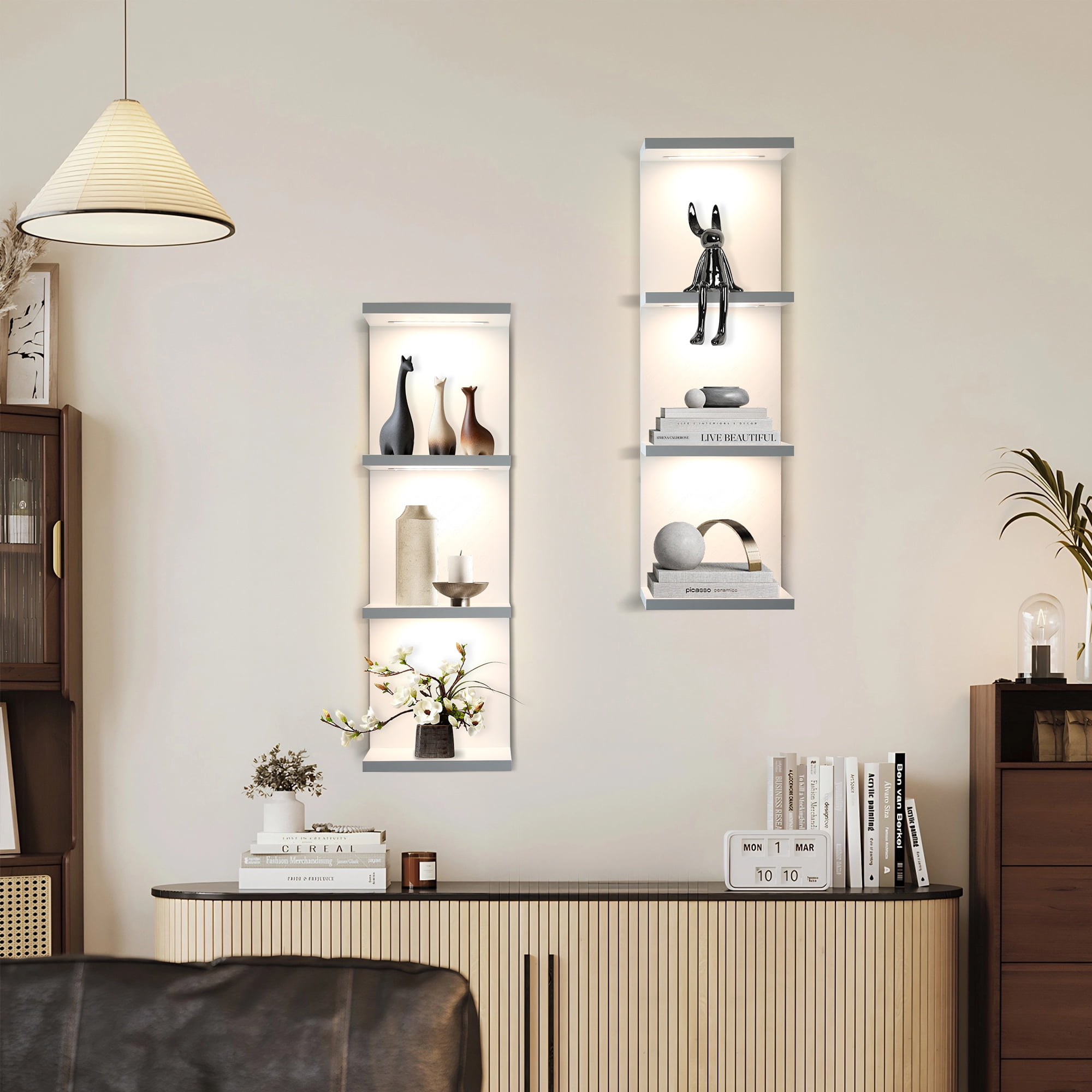 Versatile 4 Tier Wall Shelf Unit,White Lack Wall Shelf,Display Floating Shelf with LED Remote Control Light