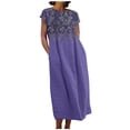 thumbnail image 2 of Meichang Robes en Lin pour Femmes 2024 Rétro à Imprimé Floral Coupe Ample Robes Midi Manches Courtes Col Rond Robes d'Été Décontractées Évasées Légères Confortables Longues Robes de Travail Violet TTG, 2 of 5