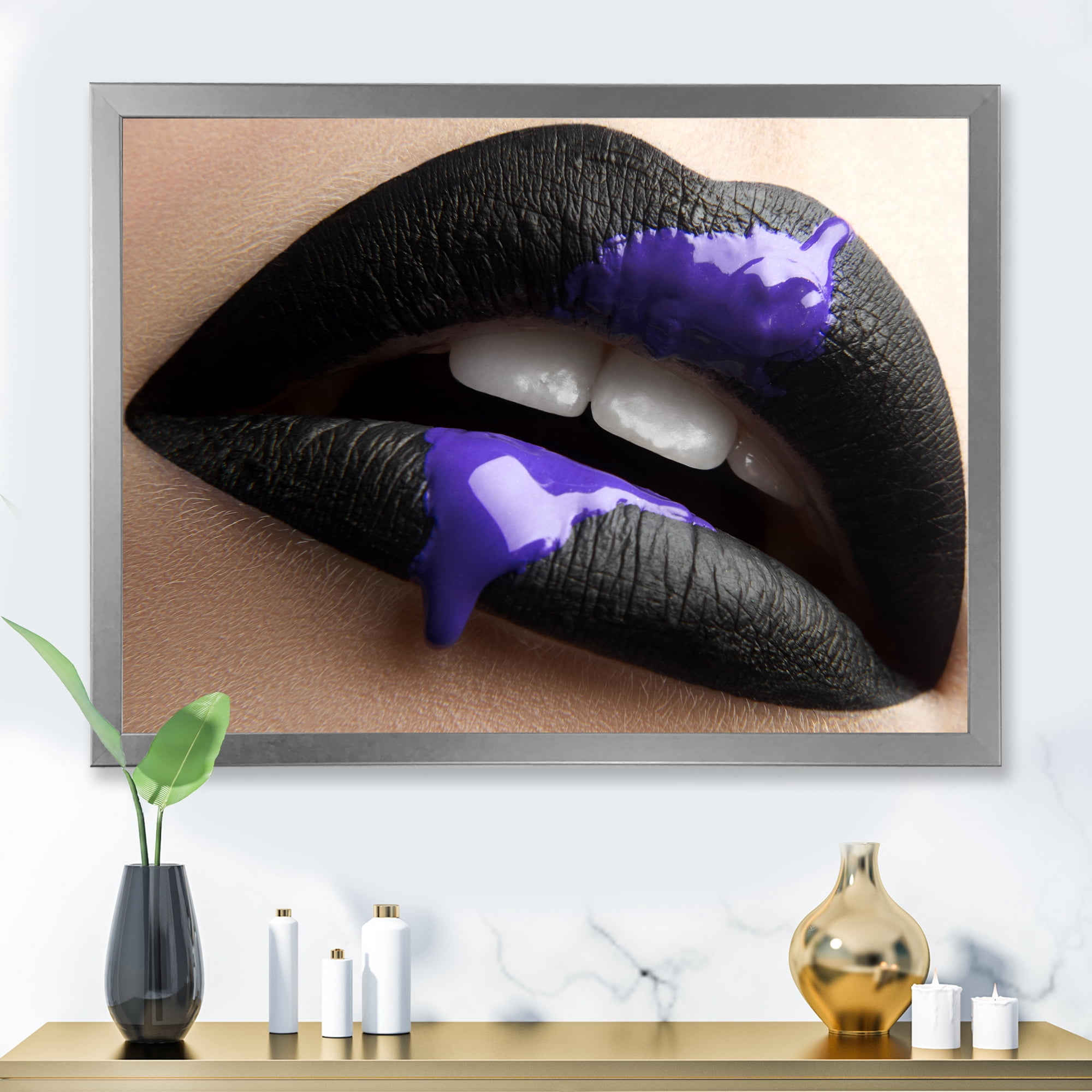 Designart 'Woman Lips With Black Lipstick & Purple Paint' Modern Framed Art Print