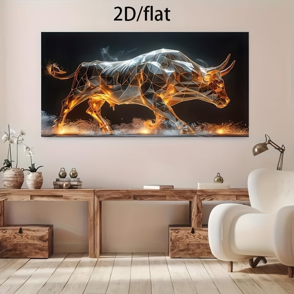 Modern 2D Flat Canvas Wall Art - Abstract Geometric Bull Design with Fiery Glow Effect 48x24 Inches (120x60cm) Ready to Hang for Living Room Bedroom Office Decor
