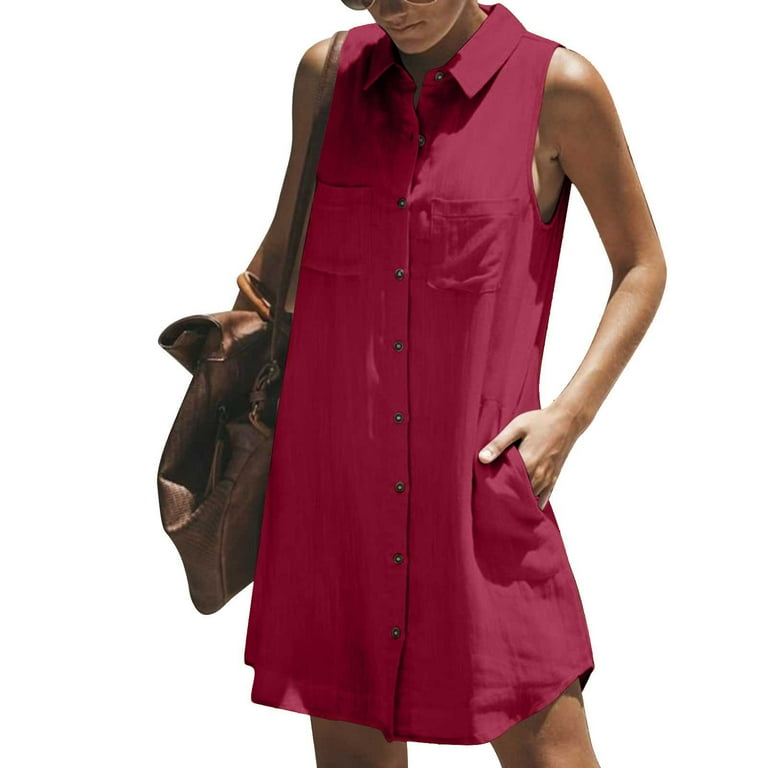 Llywey Women's Sleeveless Shirt Dress - Soft Linen Button-up Collared Knee Length Dress with Pockets for Office Work Business Casual, Size: 2XL
