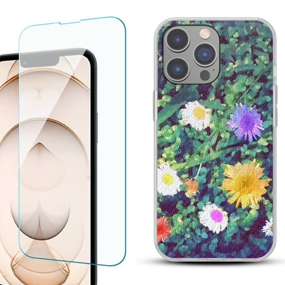 Slim-Fit Gel TPU Phone Case for iPhone 14 Pro, with Tempered Glass Screen Protector, by OneToughShield ® - Daisy Paint