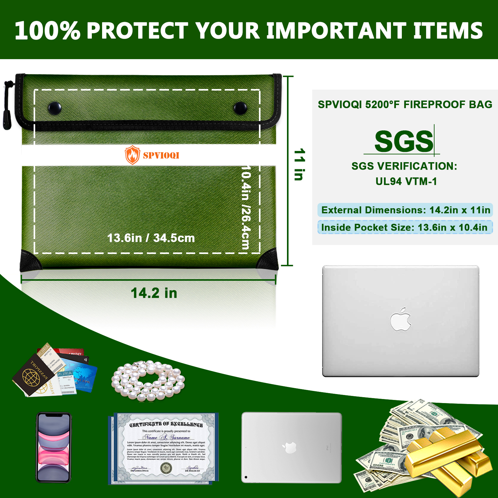 Fireproof Document Bag 5200°F with Heat Insulated, Fireproof Money Bag for Cash with Zipper and Reflective Strip, 14.2” X 11” Fireproof Safe Storage Pouch for Valuables