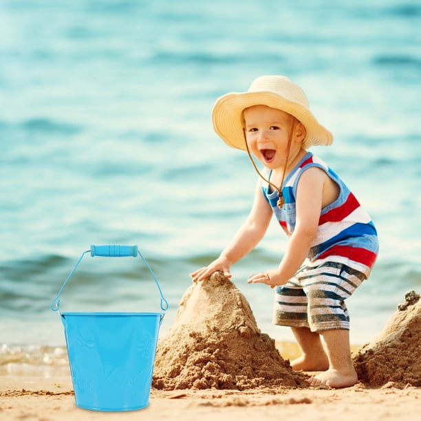 Cubos de playa de metal para niños Zonh, rastrillos, palas, baldes de arena, mango de madera, juguetes para piscina