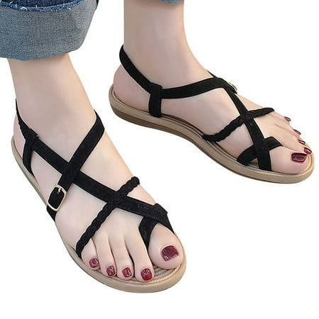 

A1 new home gifts for home Summer Women s Flat Bottom Roman Sandals Wild Cross Straps Clip Toe Beach Shoes Flock Black