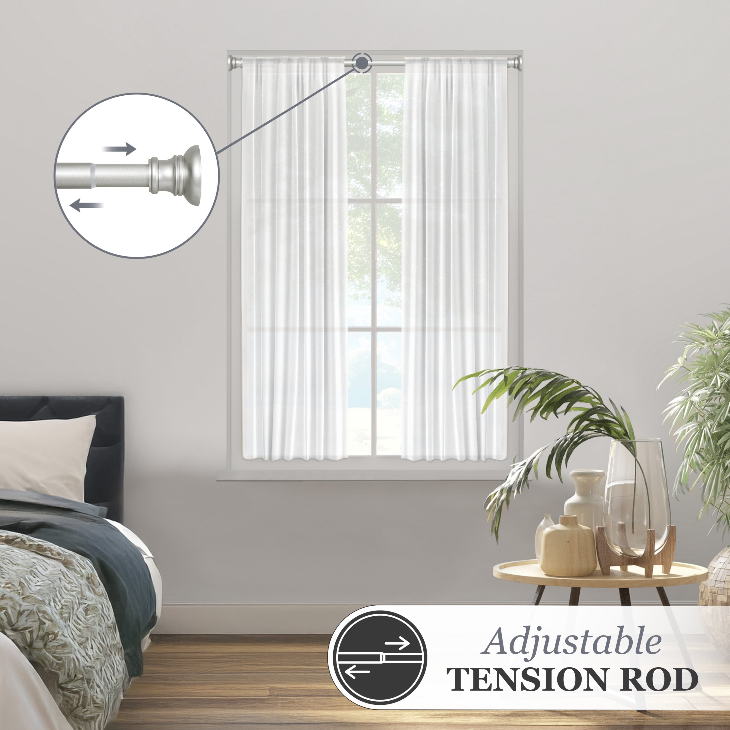 Kenney Nicholas 5/8" Twist & Fit No Tools Adjustable Tension Rod Window Curtain Rod, 48-84", Brushed Nickel